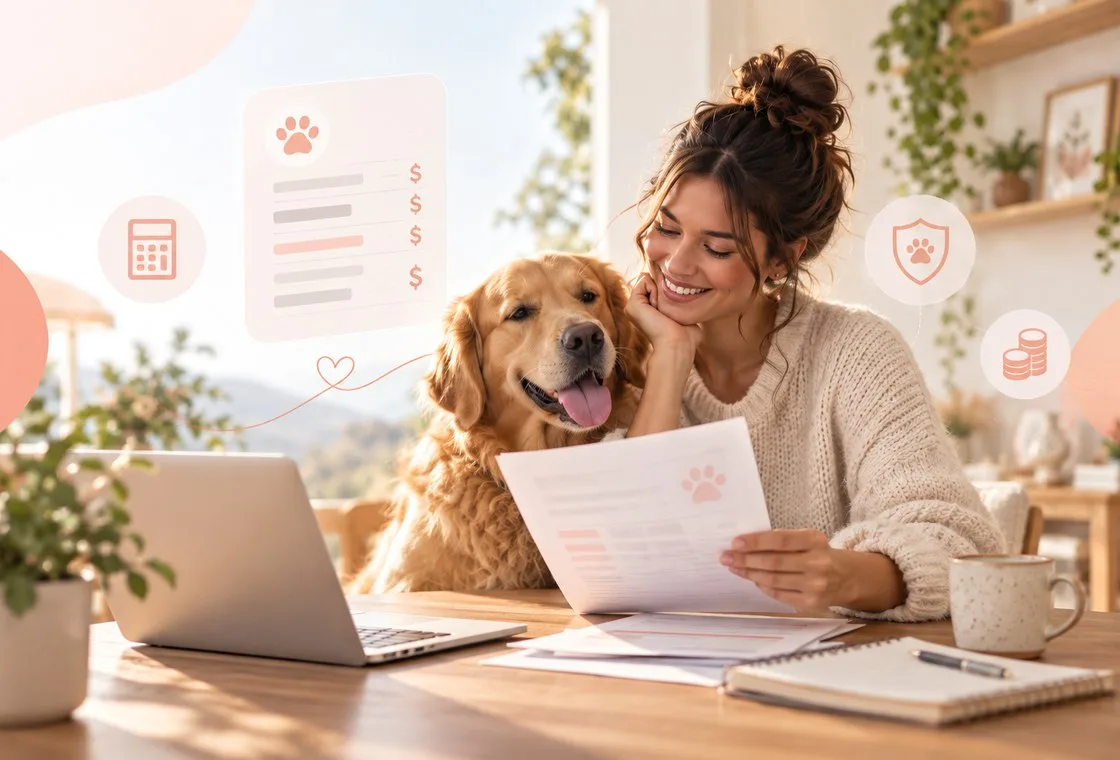 Owner with golden-colored dog reviewing paper and laptop